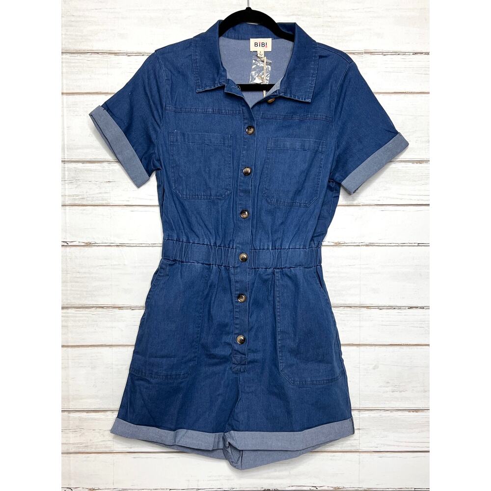 BiBi Small Chambray Utility Romper Blue Button Front Short Sleeve Elastic Waist